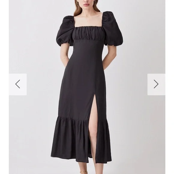 Karen Millen | Dresses | Karen Millen Black Puff Sleeve Midi Dress With  Slit 55 Linen Size | Poshmark